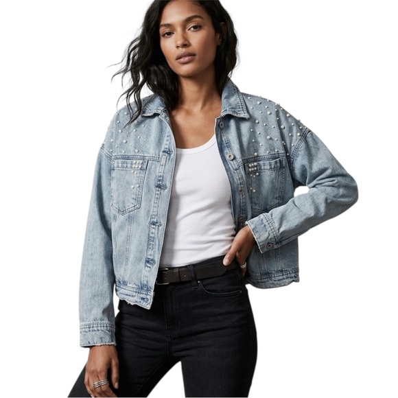 Indulge In Blue Jackets & Blazers - Indulge in Blue Pearl-Studded Denim Jacket Size 1X